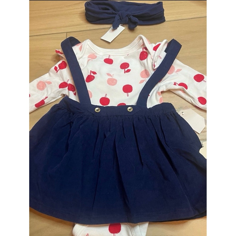 Baby Girl 3-6 months Cherry Print Long Sleeve Bodysuit navy Dress with Headband
